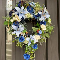 S様ご依頼品:ロイヤルブルーローズとリリーの馬蹄型リース