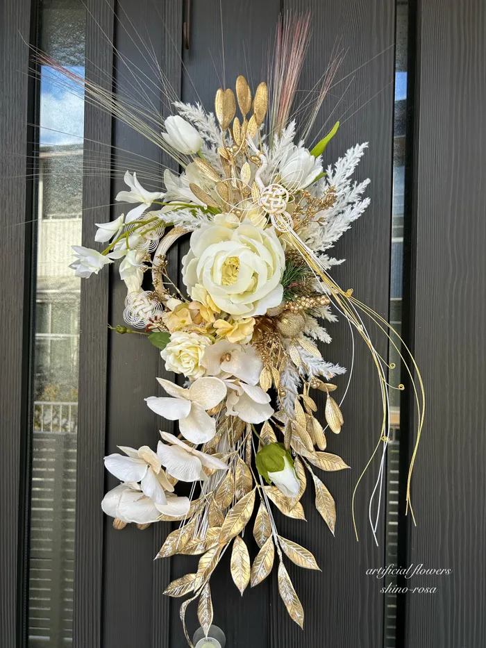 N様ご依頼品:エレガントピオニーのクリームゴールドしめ縄